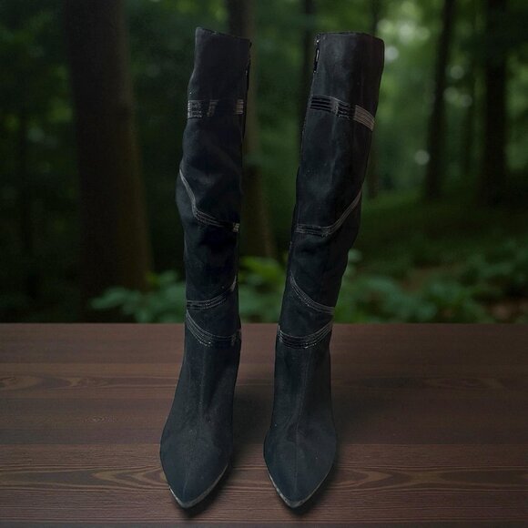 Impo Side Zip-up Mid-calf/Knee-hi Heels black Boots Santana Faux Suede Size 10m - Picture 2 of 6